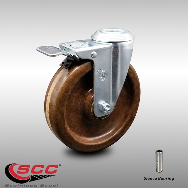 5 Inch SS High Temp Phenolic Wheel Swivel Bolt Hole Caster with Total Lock Brake
